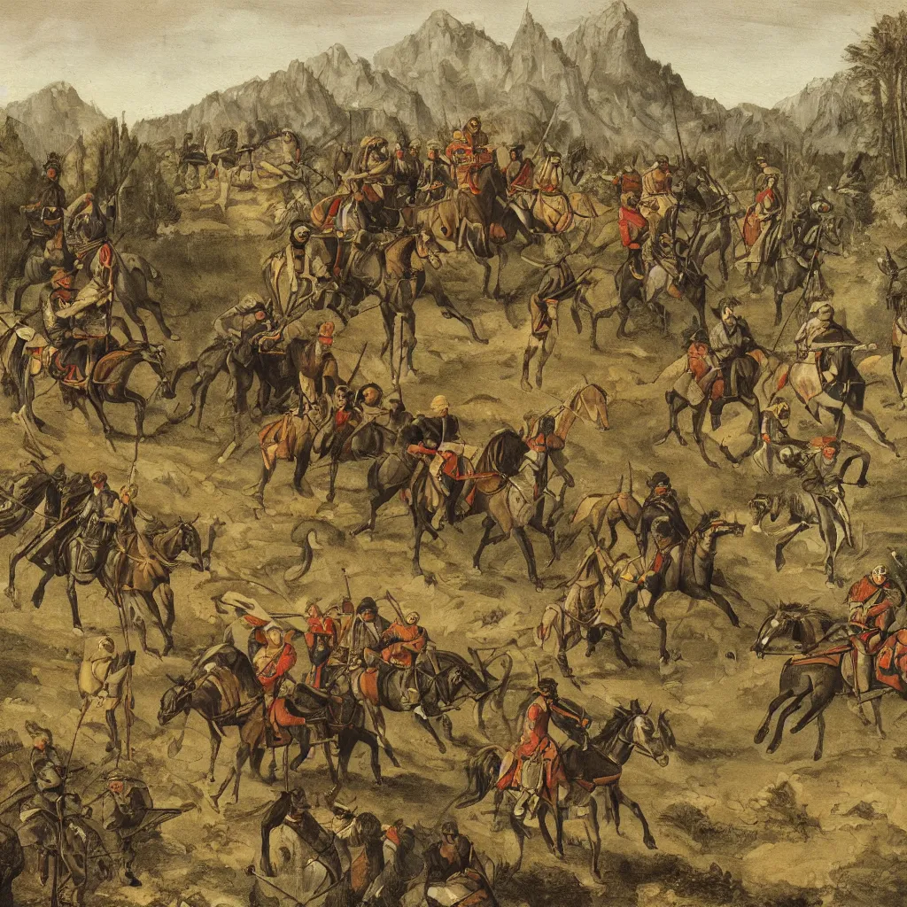 Image similar to A painting of a group of medieval mercenaries riding horses, dull grey forests and mountains in the background, highly detailed illustration