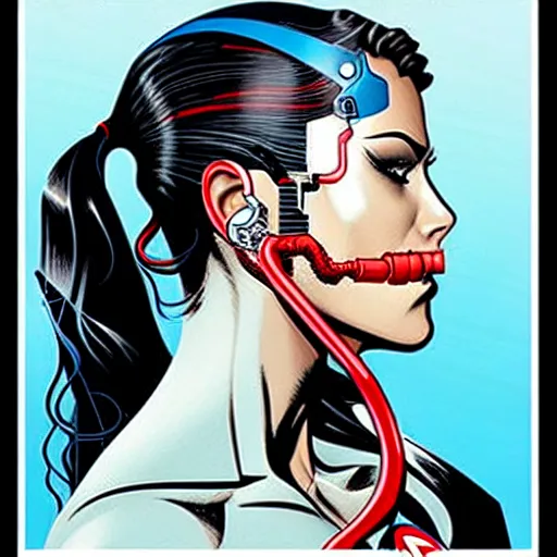 Image similar to a profile photo of a spy woman side profile with a diving oxygen mask with side profile blood in ocean intricate details by MARVEL comics and Sandra Chevrier-C