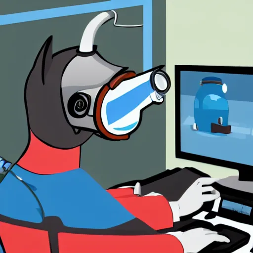 Prompt: An anthropomorphic grey dolphin dressed as a chemist playing games on a computer, digital painting, close-up, wearing a headset