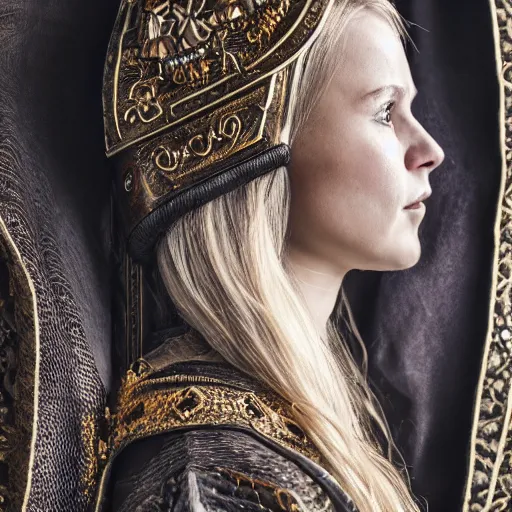 Prompt: beautiful Viking queen with ornate cloak, highly detailed, 4k, HDR, smooth, sharp, focus, hyper realistic, high resolution, award-winning photo