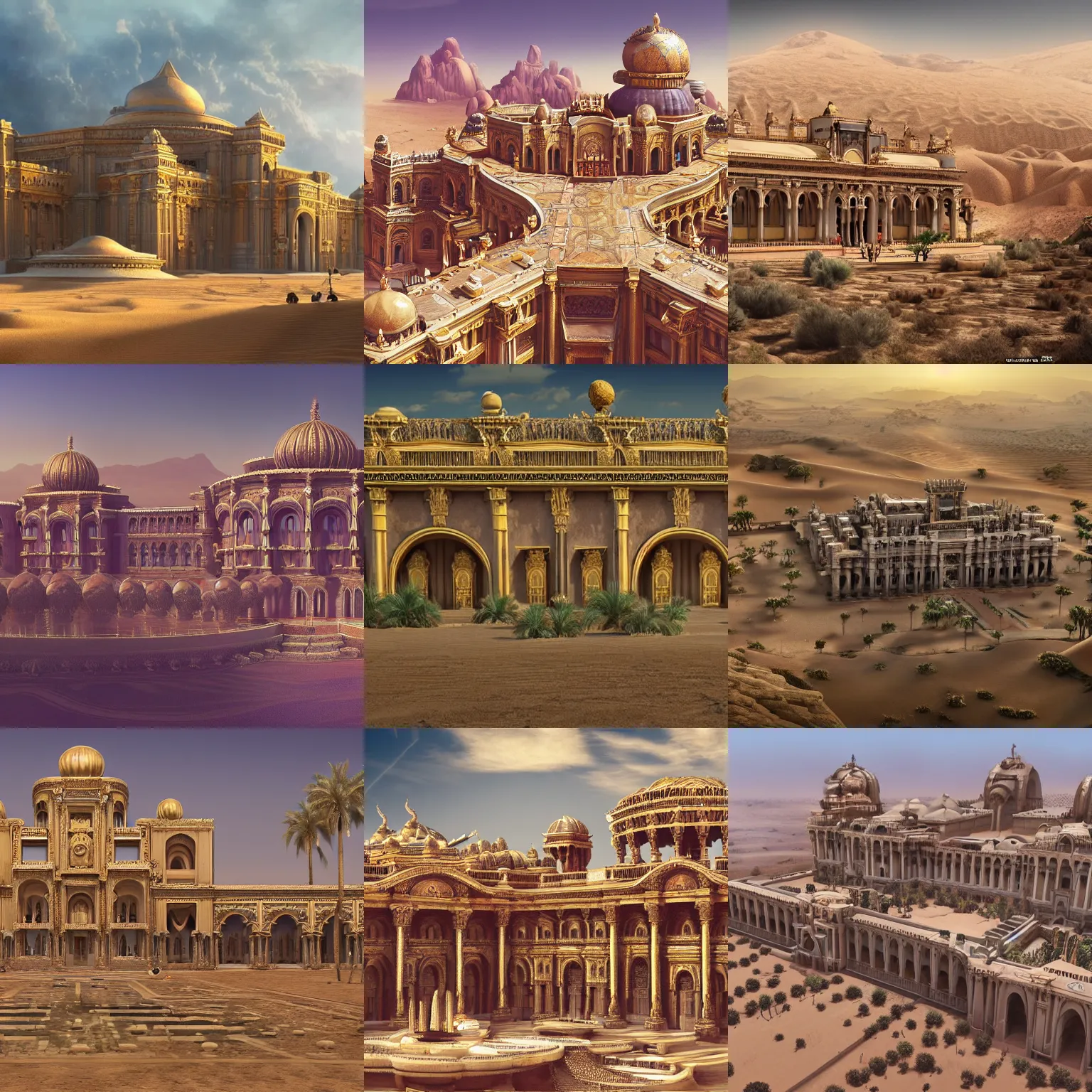 Prompt: an enormous, ornate palace in the middle of the desert, wide shot, cinematic, architecture, realistic, concept art, IMAX