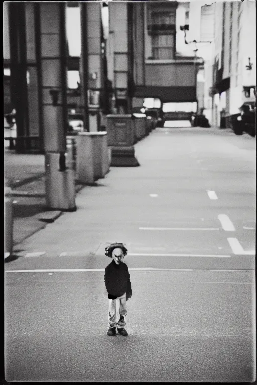 Image similar to photo polaroid of sad and lonely child in the middle of an empty street in a big city, photorealistic, 35mm film, black and white, polaroid,