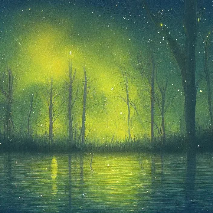 Image similar to lake trees night fireflies glowing above water digital painting concept art