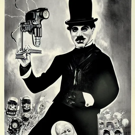 Image similar to Charlie Chaplin as The Terminator, movie poster, dramatic lightning