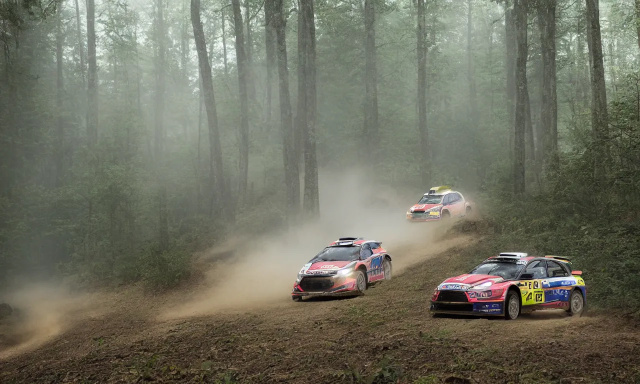 Image similar to 3 rally cars racing through a forest misty , sun shining through the trees, motion blur high detail ultra realistic 8k,