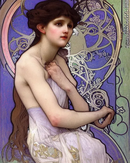 Image similar to an elf princess by Alphonse Mucha and edgar maxence