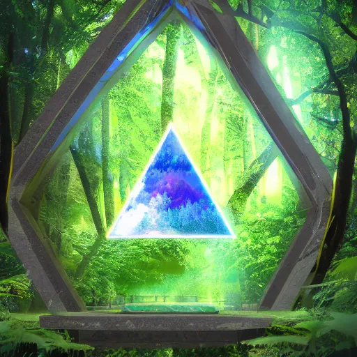 Prompt: a portal in the forest in the shape of a triangle that leads to a vapor wave alternate universe, 8k, trees, path