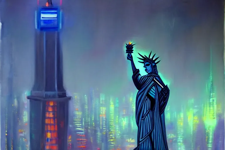 Prompt: oil painting of statue of liberty in futuristic cyberpunk style, magali villeneuve, trending on artstation, thomas kinkade and james gurney
