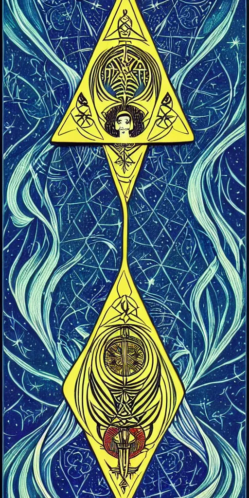 Image similar to a beautiful fractal tarot card featuring bold occult imagery with clean lines