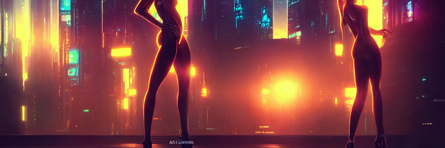 Prompt: backlit photography of a female humanoid in a cyberpunk cityscape, half body cropping, elegant glamor pose, accurate anatomy, cyber led neon lighting, bokeh, rule of thirds, hyper photorealistic, crispy quality, digital photography, art by pascal blanche, art by artgerm, art by greg rutkowski,