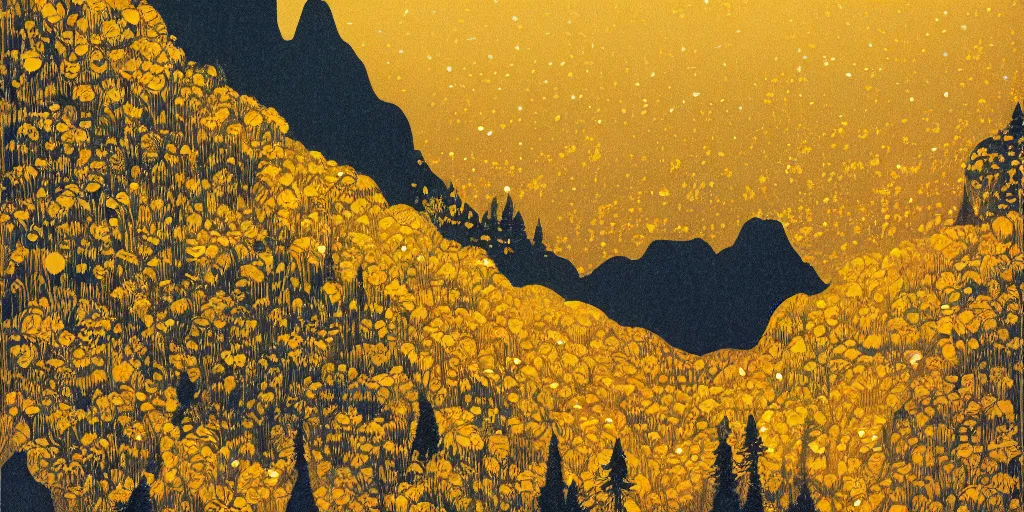 Prompt: mountain under the moonlight, the foot of the mountain is full of golden flowers and a giant golden tree, river reflections ， victo ngai, artstation, light effect - h 6 4 0