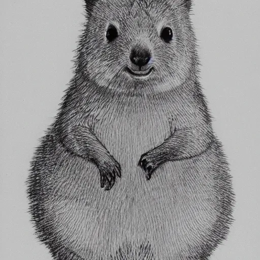 Image similar to portrait of a happy quokka, mcu, drawn with a single line, line drawing, art, minimalist, continuous line drawing, sakura pigma micron, white background, negative space,