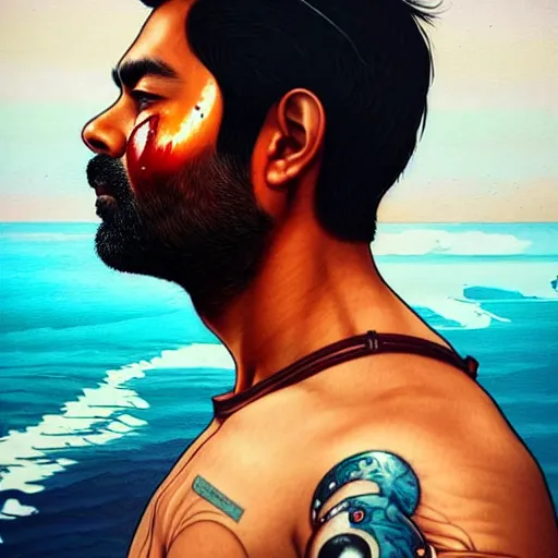 Image similar to side profile of a brown asian man :: side profile :: oxygen mask :: blood and ocean intricate details :: 8k :: by vikings and Sandra Chevrier