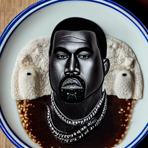 Image similar to a face of kanye west made of congee, michelin star photography