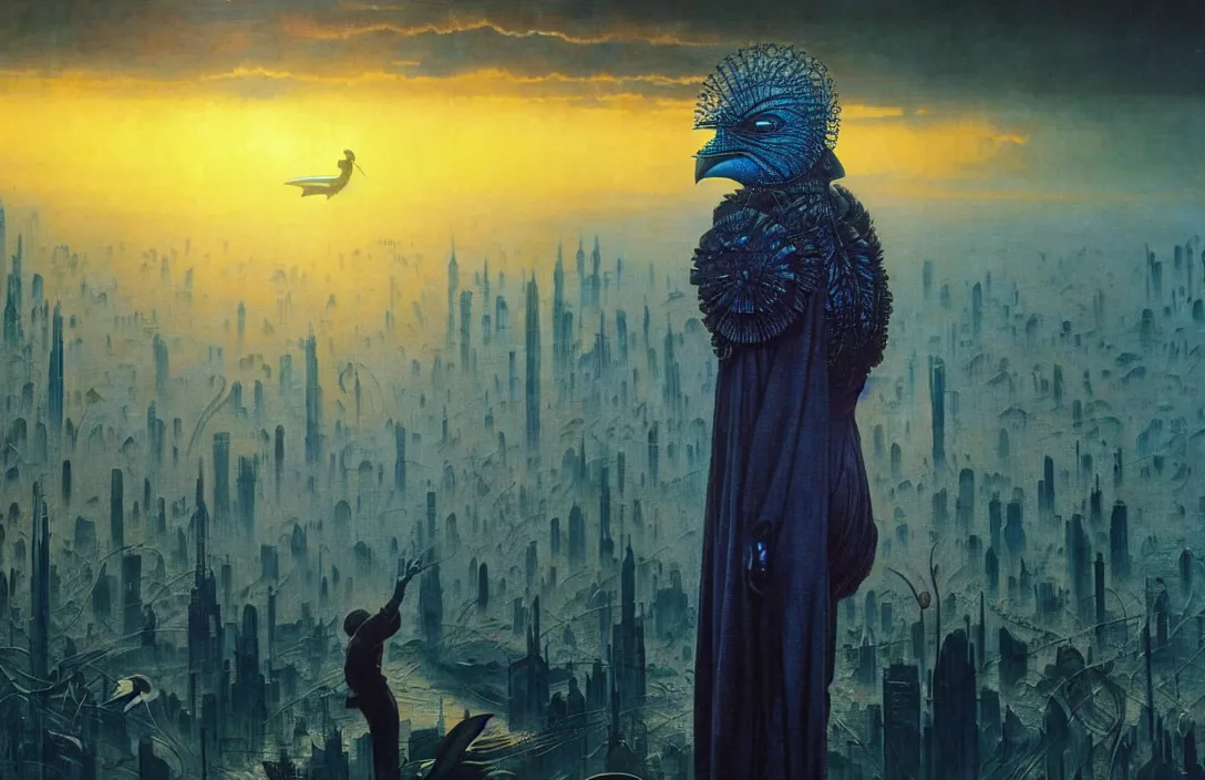 Image similar to realistic detailed portrait movie shot of a birdman wearing dark ragged robes, futuristic city sunset landscape background by denis villeneuve, amano, yves tanguy, alphonse mucha, ernst haeckel, max ernst, roger dean, rich moody colours, blue eyes