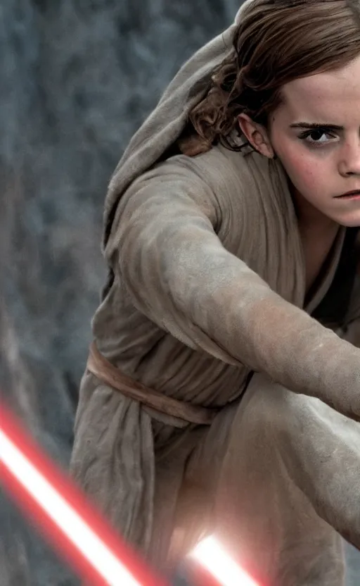 Image similar to a still of Emma Watson on Star Wars, maximum detail, ultra definition, 8K resolution