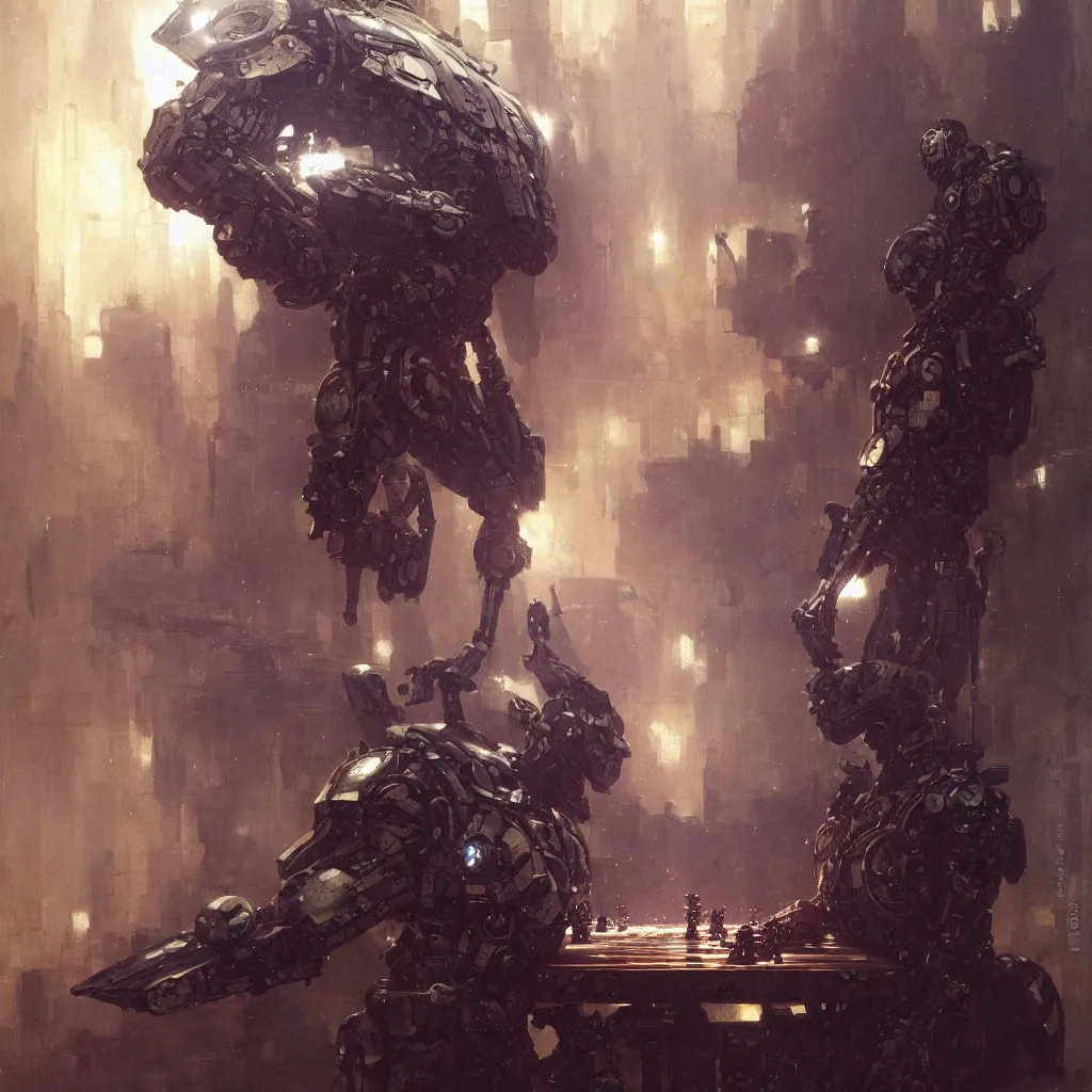 Image similar to cyborg chess pawn on chess board, studio shot, by gaston bussiere, anna nikonova aka newmilky, greg rutkowski, yoji shinkawa, yoshitaka amano, tsutomu nihei, muira, moebius, donato giancola, trending on artstation, featured on pixiv