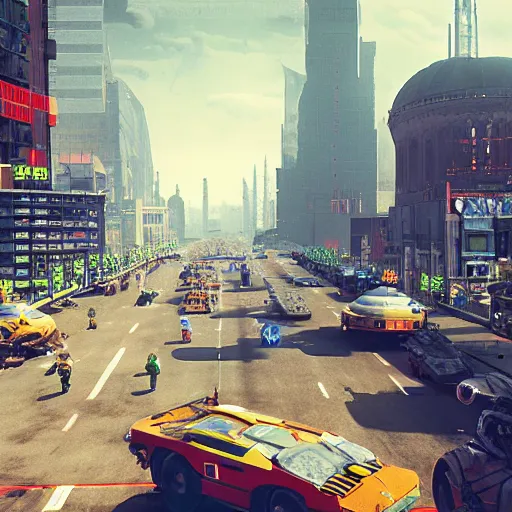Image similar to SPACE INVADERS game as a city, bustling, rockets, atmospheric, hazy, sweltering, highly detailed, autochrome, 8k, reflections, octane render, unreal engine 5, art by Cézanne