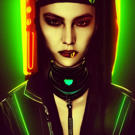 Image similar to headshot of cyberpunk woman wearing thick black choker around neck, detailed face, collar on neck, realistic, artstation, cyberpunk style, neon,