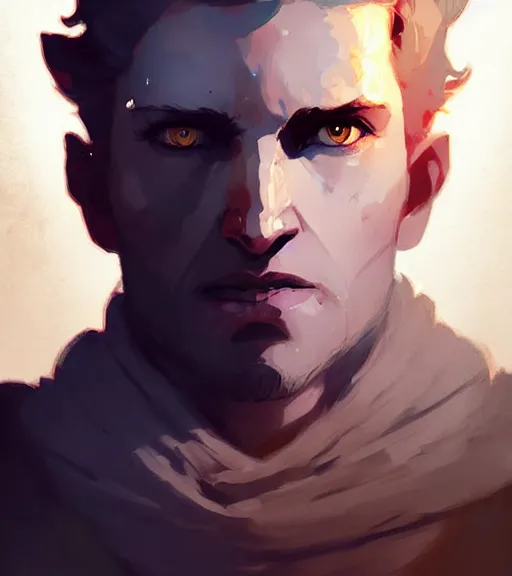 Prompt: portrait of cullen from dragon age with golden eyes, dark hair by atey ghailan, by greg rutkowski, by greg tocchini, by james gilleard, by joe fenton, by kaethe butcher, dynamic lighting, gradient light blue, brown, blonde cream and white color scheme, grunge aesthetic