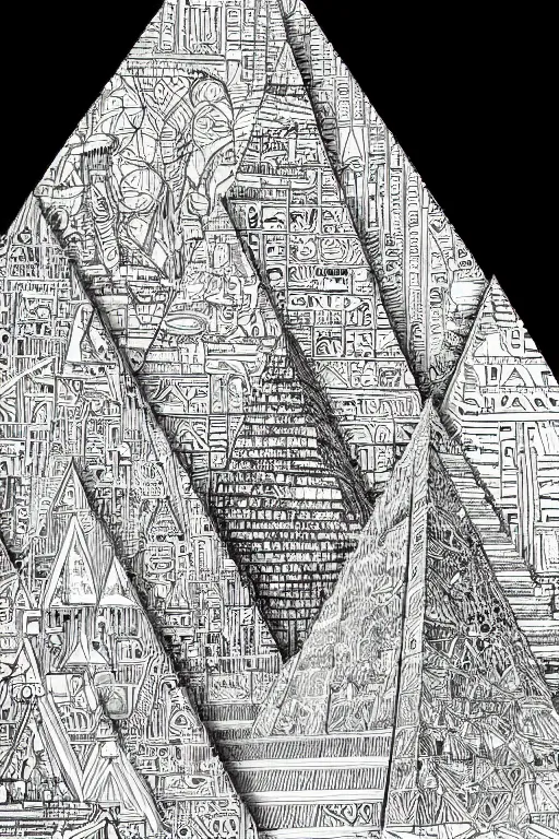 Image similar to a black and white drawing of a egyptian pyramid cityscape, a detailed mixed media collage by hiroki tsukuda and eduardo paolozzi and moebius, intricate linework, sketchbook psychedelic doodle comic drawing, geometric, street art, polycount, deconstructivism, matte drawing, academic art, constructivism