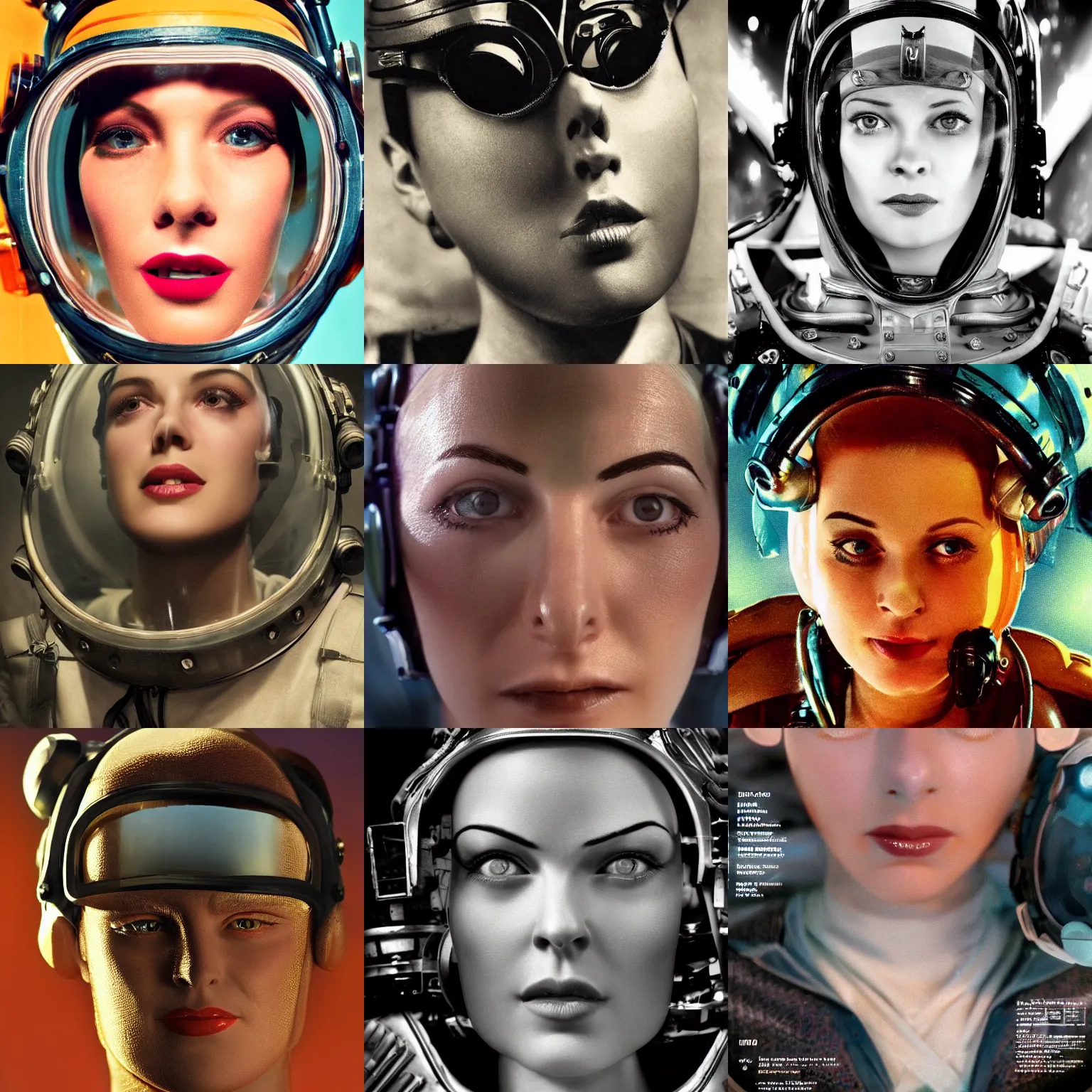 Prompt: beautiful extreme closeup portrait photo in style of 1940s frontiers in retrofuturism deep diving helmet fashion magazine wachowski edition, highly detailed, eye contact, soft lighting