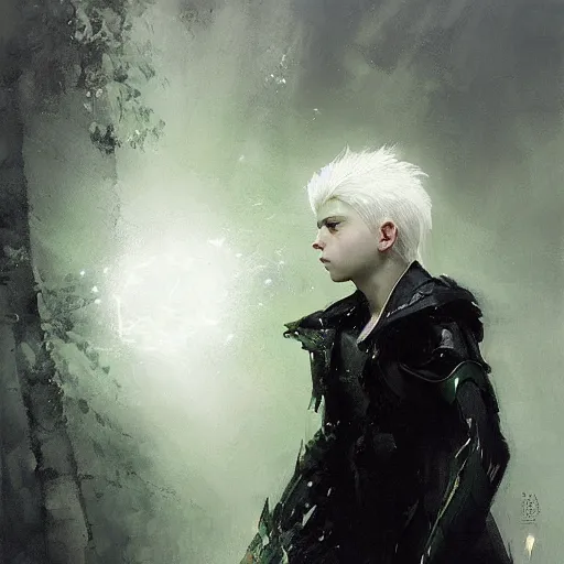 Prompt: a 14 year old teenage ghost boy with pale skin, white hair and glowing green eyes wearing a black spandex suit. White breath showing in the cold air. Masterpiece. Repin. Ruan Jia. By Greg Rutkowski