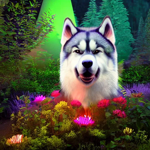 Prompt: alaskan malamute made of flowers playing in a bioluminescent forest at dusk, octane render, colorful, beautiful