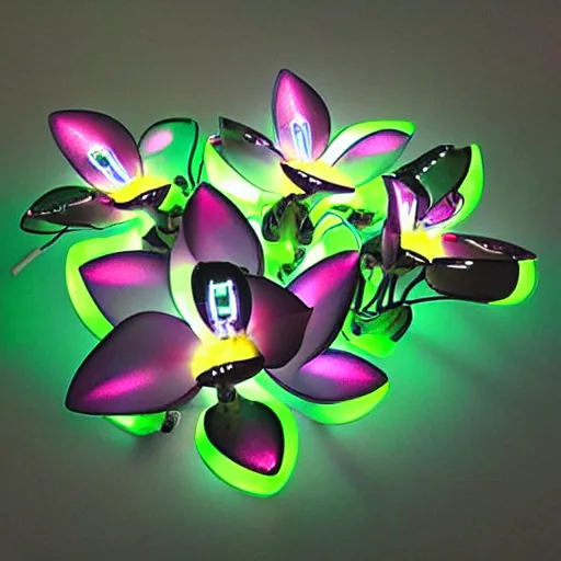 Image similar to mechanical, cybertronic, led orchid flower, glowing