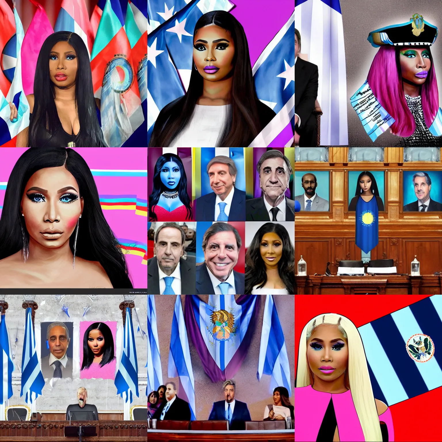 Prompt: Nicki Minaj face president of Argentina, in the Argentine Congress, flags of Argentina behind, digital art