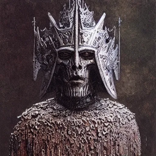 Prompt: ice lord, full body, wearing icy ornamented armor, wearing ice royal crown war helm, beksinski