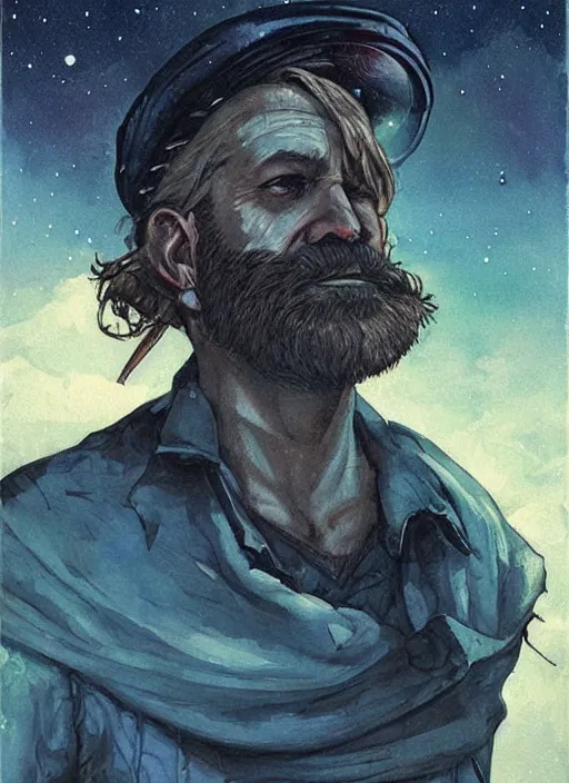 Image similar to portrait of grizzled sailor, night sky background, coherent! by brom, deep color, strong line, high contrast