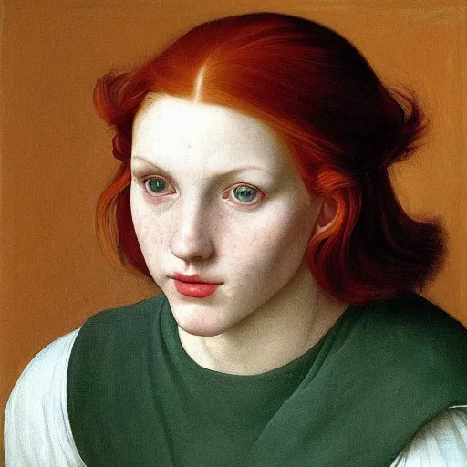 Image similar to full body portrait of a red haired girl with a soft smile, with long hair, green eyes, hint of freckles, beautiful round face, pale skin, highly detailed, deep focus, smooth, sharp focus, golden ratio, dramatic illumination, ultra realistic, 8 k, painting art by artemisia lomi gentileschi and caravaggio