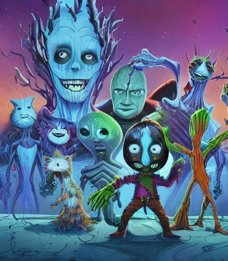 Prompt: Tim Burton style Guardians of the galaxy by Alex Pardee and Nekro and Petros Afshar, and James McDermott,unstirred paint, vivid color, cgsociety 4K