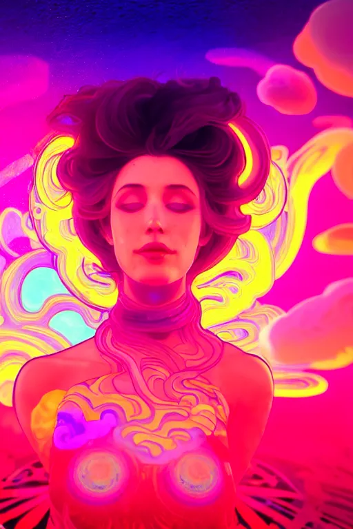 Prompt: a gorgeous woman surrounded by colorful liquid clouds and neon smoke, extremely detailed, in a psychedelic experience, psilocybin, dmt, lsd, face, highly detailed, artstation, alphonse mucha, hana yata, and artem demura and beeple, octane render, unreal engine, 8 k