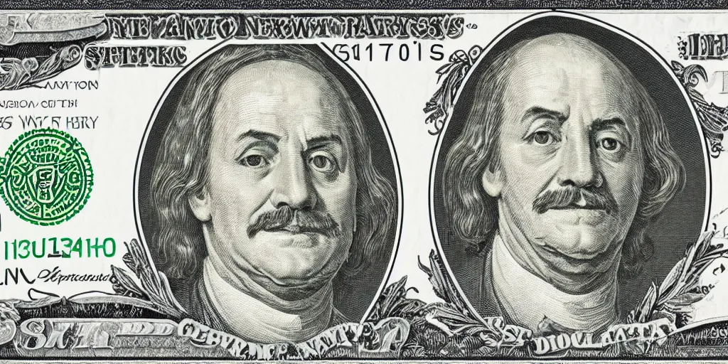 Image similar to an intricately detailed new dollar bill design containing a portrait of Bob Belcher