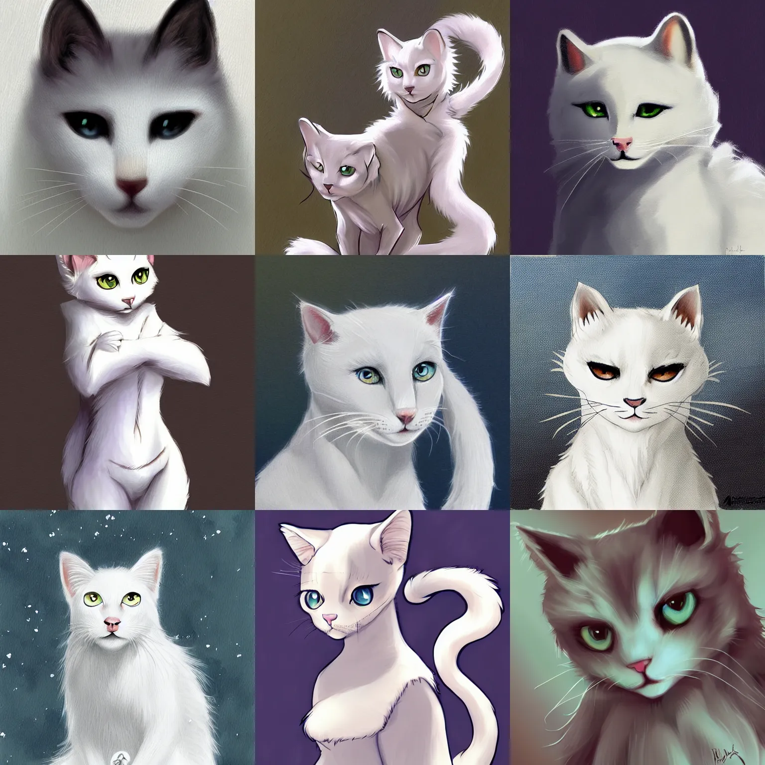 Prompt: very beautiful furry art, white cat fursona, art by annham
