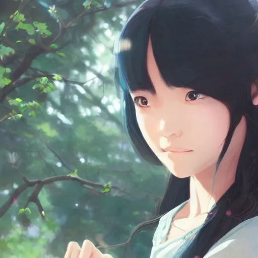 Image similar to beautiful young asian woman with long hair, realistic, detailed, cel shaded, in the style of makoto shinkai and greg rutkowski and james gurney