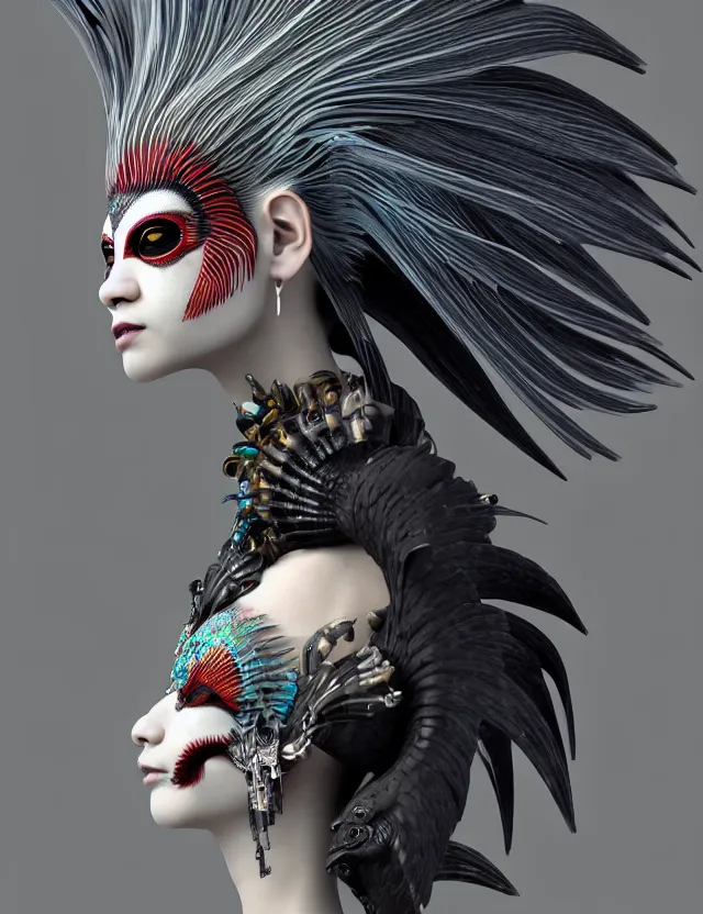 Image similar to 3 d goddess close - up profile simple portrait punk with mohawk with ram skull. beautiful intricately detailed japanese crow kitsune mask and clasical japanese kimono. betta fish, jellyfish phoenix, bio luminescent, plasma, ice, water, wind, creature, artwork by tooth wu and wlop and beeple and greg rutkowski