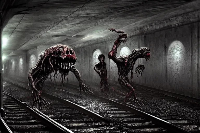 Image similar to very large giant mutant zombie irradiated an ifected with cancer and worms angry rat staying on railways in tonnel of moscow subway. extreme high detail, very realistic. low dark light, scary mood.