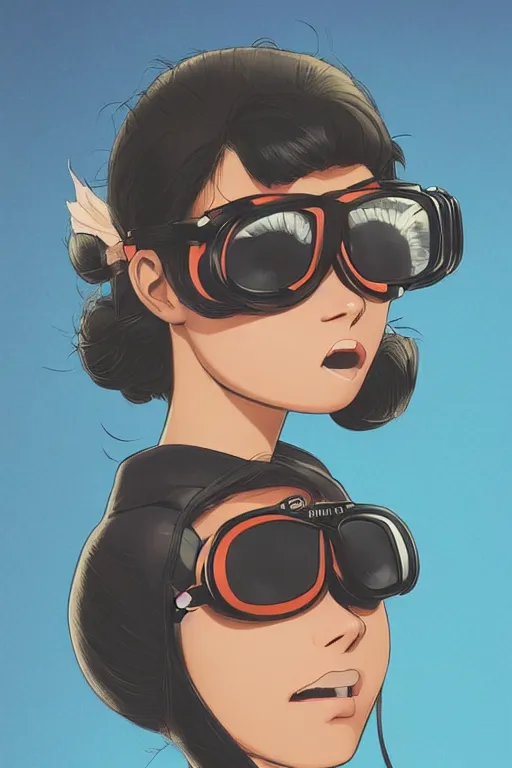 Prompt: face of a beautiful girl wearing goggles, dark skin, big hair, symmetrical, ilya kuvshinov, jamie hewlett, yoji shinkawa, muted colors, portrait, beautiful detailed illustration, 17th century oil painting, flat colors, studio ghibli, cel shading, loish, pop art,