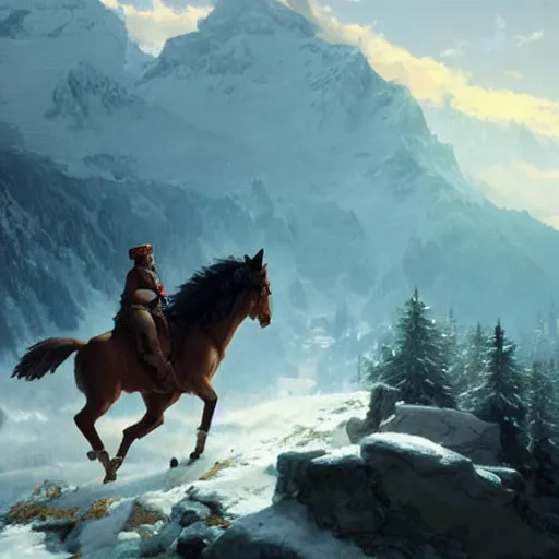 Prompt: Napoleon Crossing the Alps, wolf instaed of a horse, no horse, atmospheric lighting, by Makoto Shinkai and Ruan Jia