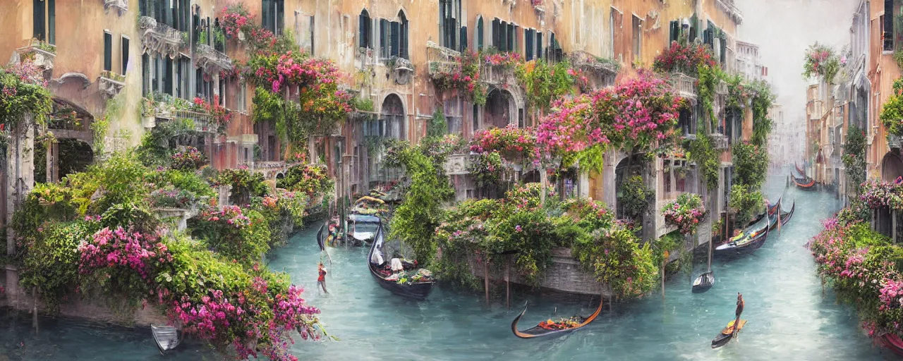 Prompt: rainy venice balcony gardens rooftop gardens flowers boats people dance wave vegetable, solarpunk, digital painting, volumetric lighting by feng zhu