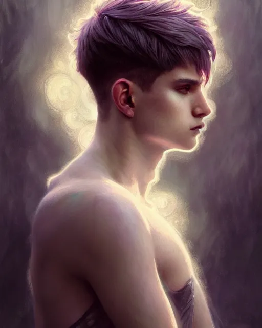 Prompt: cinematic portrait angel boy, fantasy forest landscape, dragon scales in hair, fantasy magic, undercut hairstyle, short ice hair, dark light night, intricate, elegant, sharp focus, illustration, highly detailed, digital painting, concept art, matte, art by WLOP and Artgerm and Greg Rutkowski and Alphonse Mucha, masterpiece