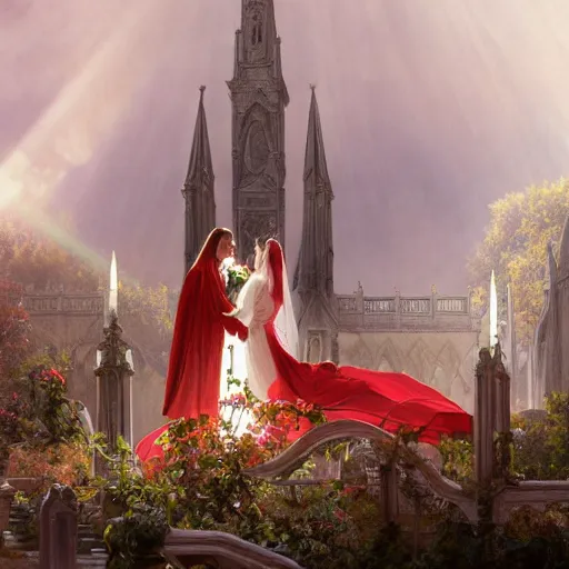 Image similar to a beautiful and detailed matte painting of a lesbian wedding between evil pyromancer and a red mage, unholy union, white church background, god rays, sharp focus, highly detailed, cinematic lighting, 8 k, smooth render, vector illustration, award winning, by adolf hiremy - hirschl and greg rutkowski and alphonse mucha