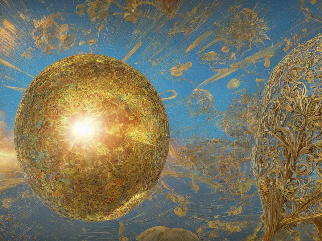 Image similar to 3 d render, sunlight study, the universe is a spheroid region 7 0 5 meters in diameter, art nouveau, by maria sibylla merian and ( ( ( ( ( lisa frank ) ) ) ) ), 8 k, sharp focus, octane render