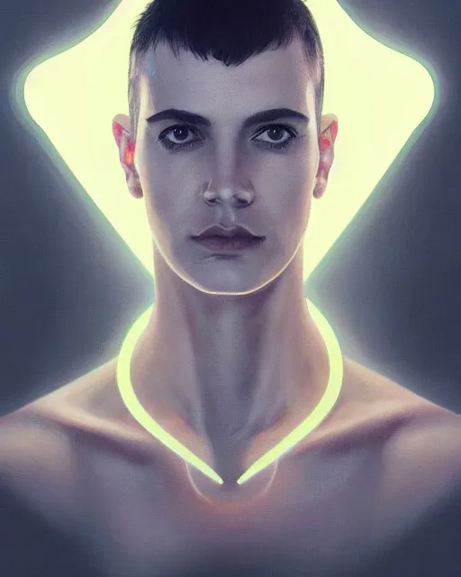 Prompt: symmetry!! centered, head on portrait of a man with futuristic minimalist face tattoos, sci - fi -, cyberpunk, blade runner, glowing lights, tech, biotech, techwear!! intricate, elegant, highly detailed, digital painting, artstation, concept art, smooth, sharp focus, illustration, art by artgerm and greg rutkowski and alphonse mucha