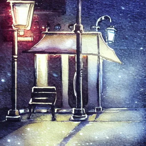 Image similar to dark city bus stop, ghibli style in wet on wet watercolor, very detailed,ArtStation