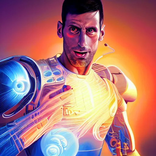 Image similar to a beautiful digital artwork of a cyborg novak djokovic by artgerm, tooth wu, dan mumford, beeple, wlop, rossdraws, james jean, marc simonetti. intricate, epic lighting, cinematic composition, hyper realistic, 8 k resolution, unreal engine 5