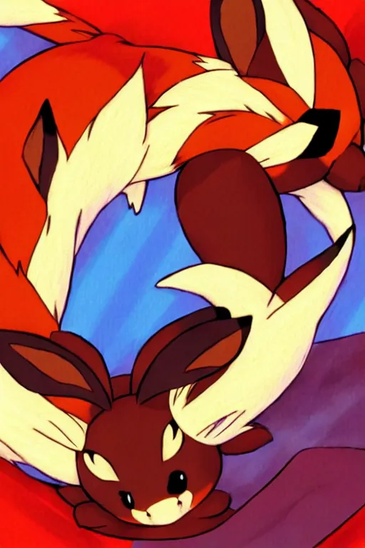 Image similar to An Eevee fox lying on a red carpet, poster art by Ken Sugimori, featured on Pixiv, furry art, anime aesthetic, poster art, 2d